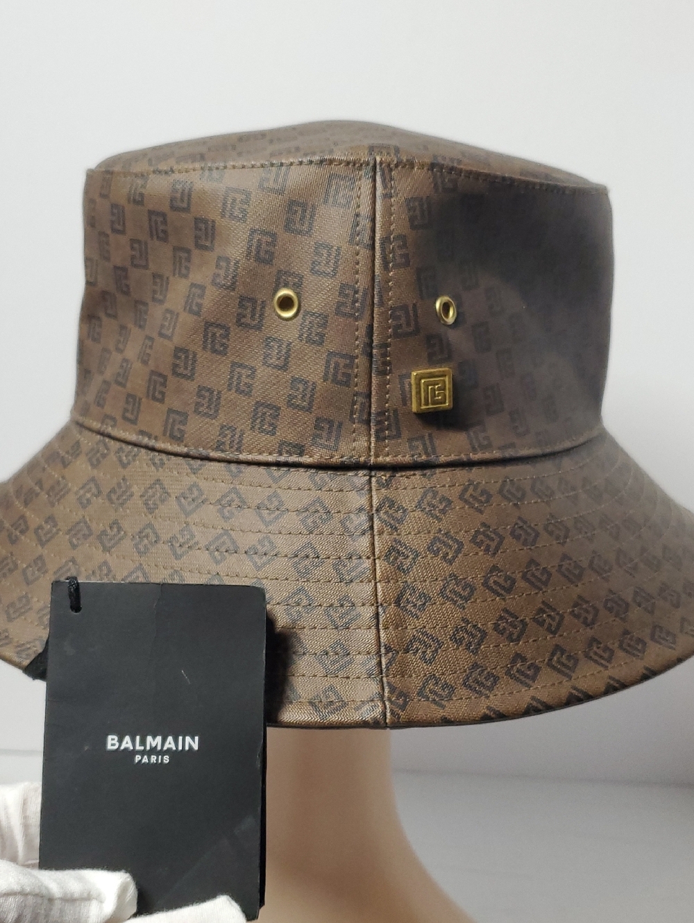 Authentic Balmain Brown Tonal Monogram Bucket Hat with Gold Accent